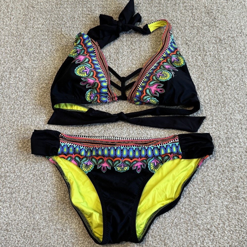 Trina Turk Dashiki Halter Top & Ruched Side Bottom Swimsuit Bikini Set Size 8
